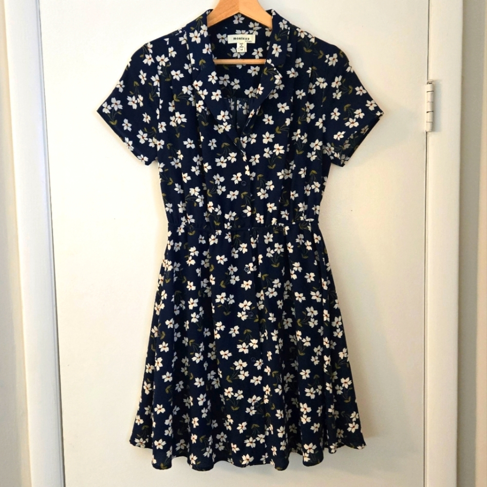 Monteau Blue Floral Short Sleeve A-line Shirtdress Size M